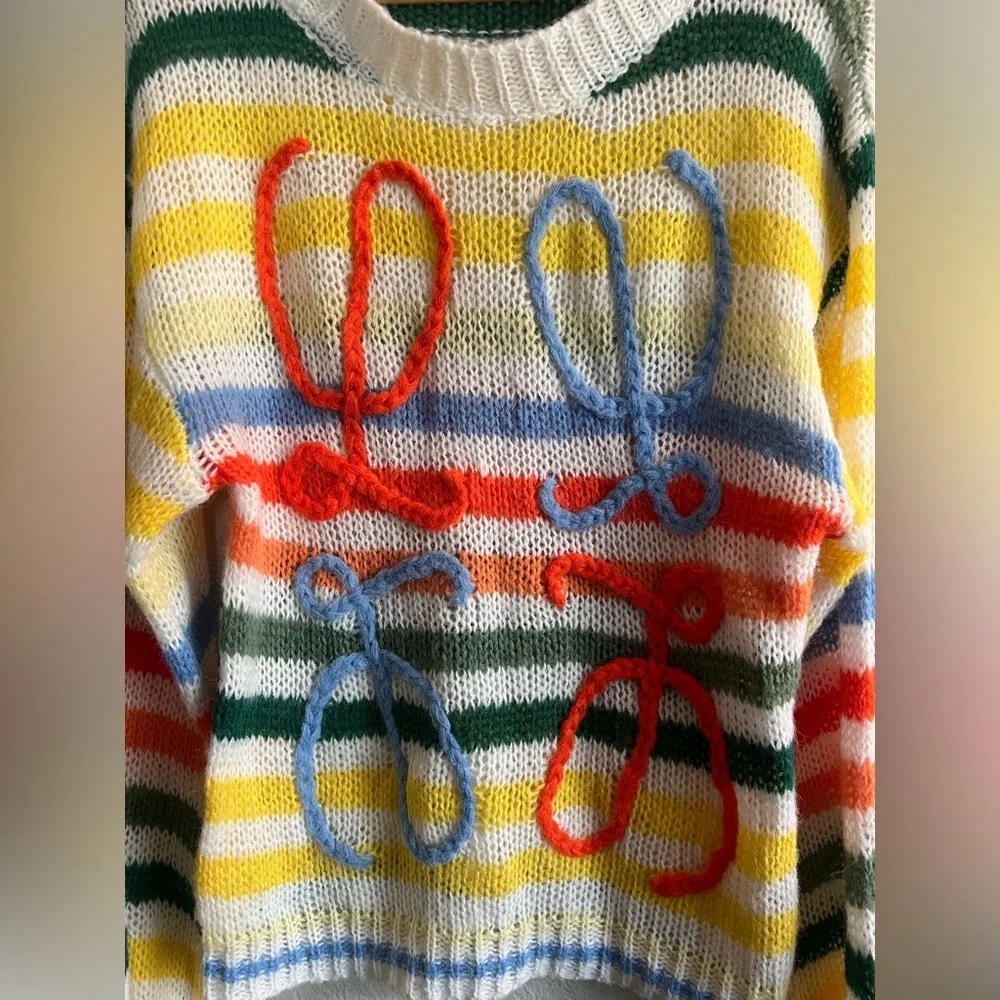 Striped Multicolor Women’s Sweater with Embroidered Yarn Detail - Picture 2 of 2